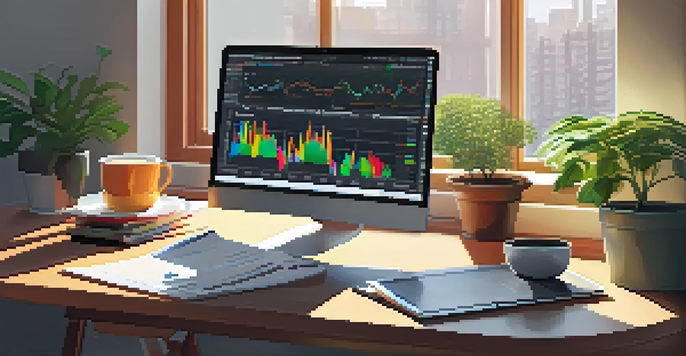 A calm trading desk with a laptop showing a trading platform, colorful charts, a potted plant, and a cup of coffee, illuminated by soft morning light.