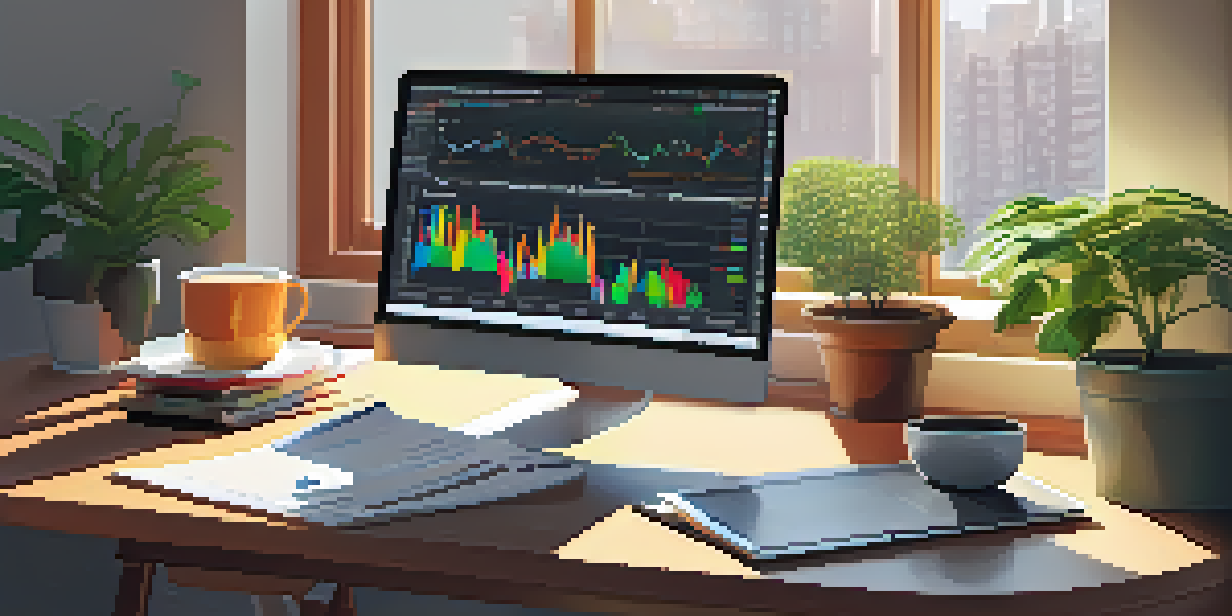 A calm trading desk with a laptop showing a trading platform, colorful charts, a potted plant, and a cup of coffee, illuminated by soft morning light.