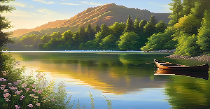A peaceful lake surrounded by green mountains at sunset, with a small boat and blooming wildflowers in the foreground.