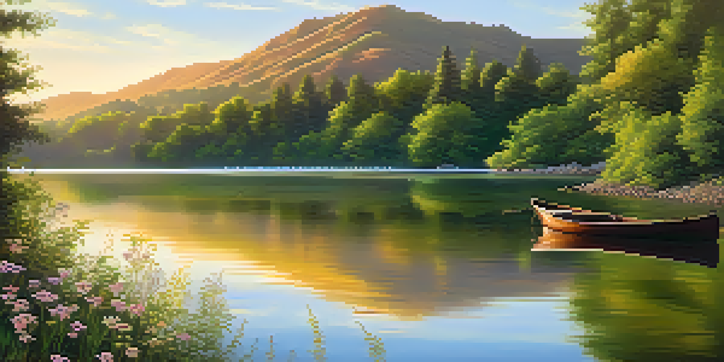 A peaceful lake surrounded by green mountains at sunset, with a small boat and blooming wildflowers in the foreground.
