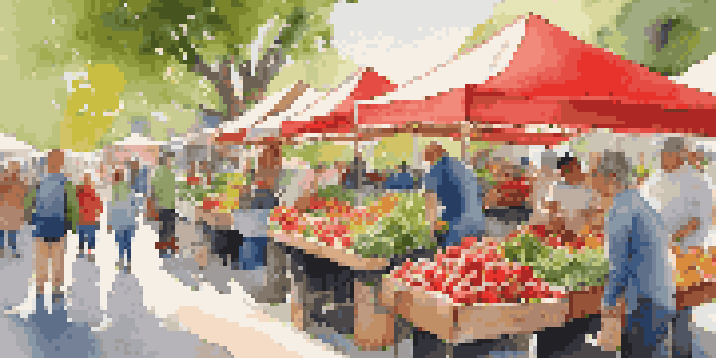 A lively farmer's market with fresh organic produce, including apples and vegetables, under natural sunlight.