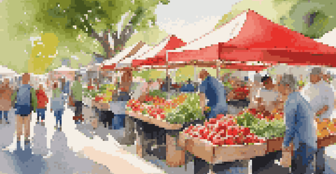 A lively farmer's market with fresh organic produce, including apples and vegetables, under natural sunlight.