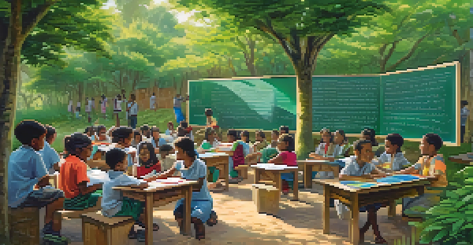 Children from diverse backgrounds learning in an outdoor classroom surrounded by greenery and colorful materials.