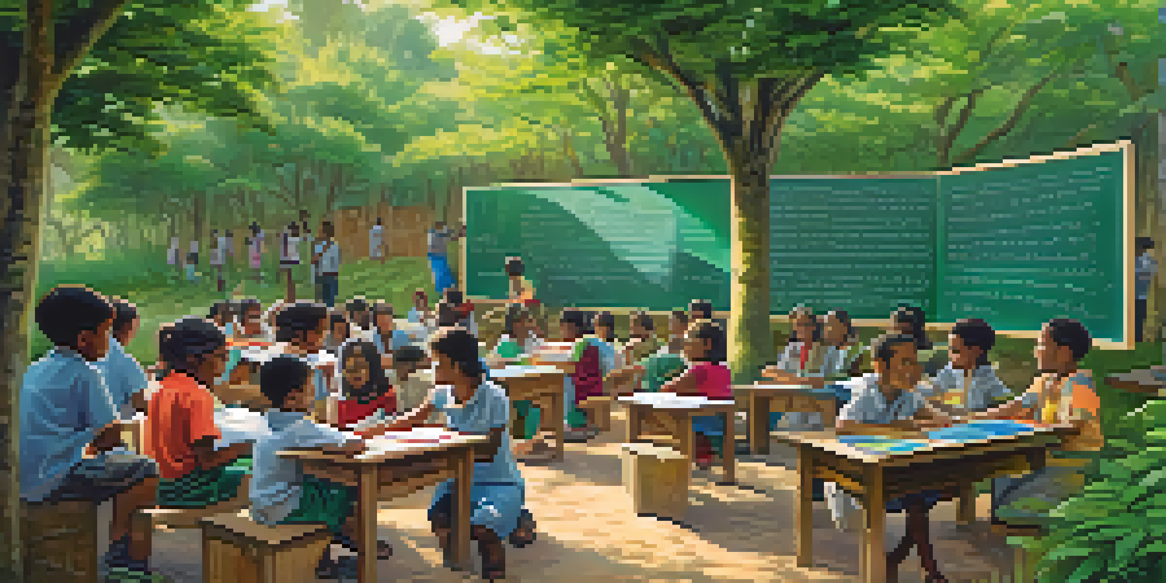 Children from diverse backgrounds learning in an outdoor classroom surrounded by greenery and colorful materials.