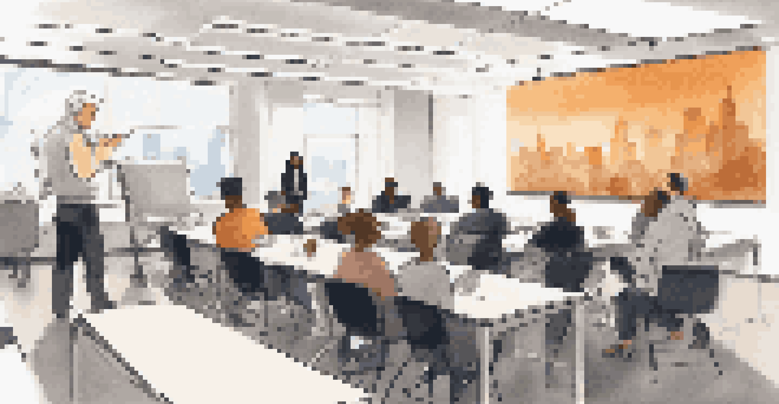 A diverse group of employees attending a training session on compliance regulations, with an instructor and modern classroom technology.