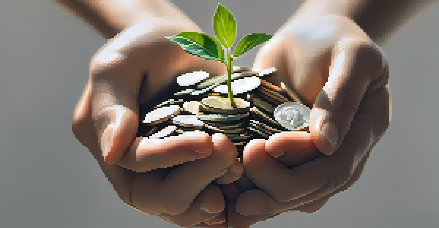 Hands holding a plant growing from coins, symbolizing sustainable investment.