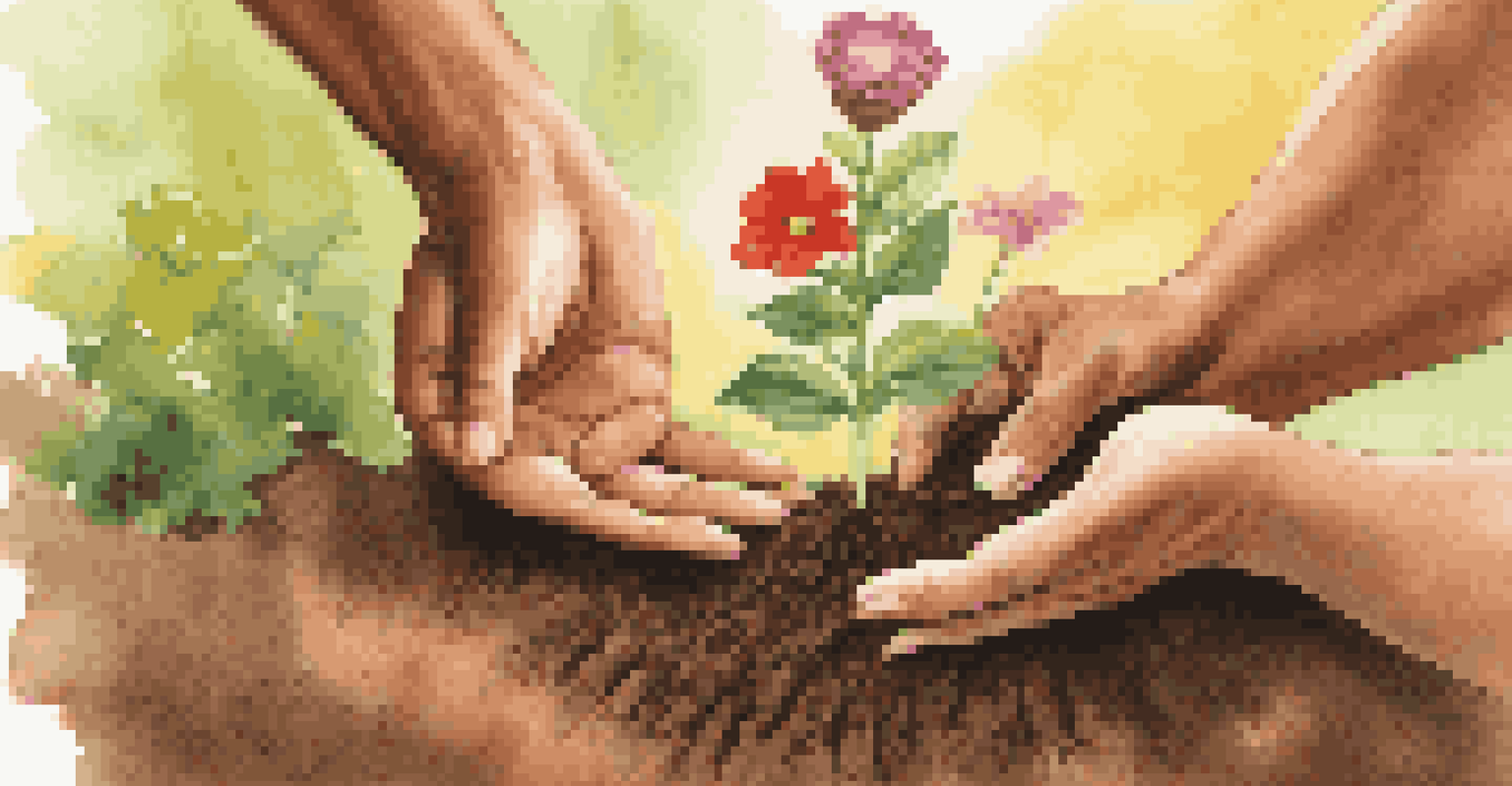 Hands planting a small tree in soil, with colorful flowers around and a blurred image of a smiling family in the background, symbolizing philanthropy.