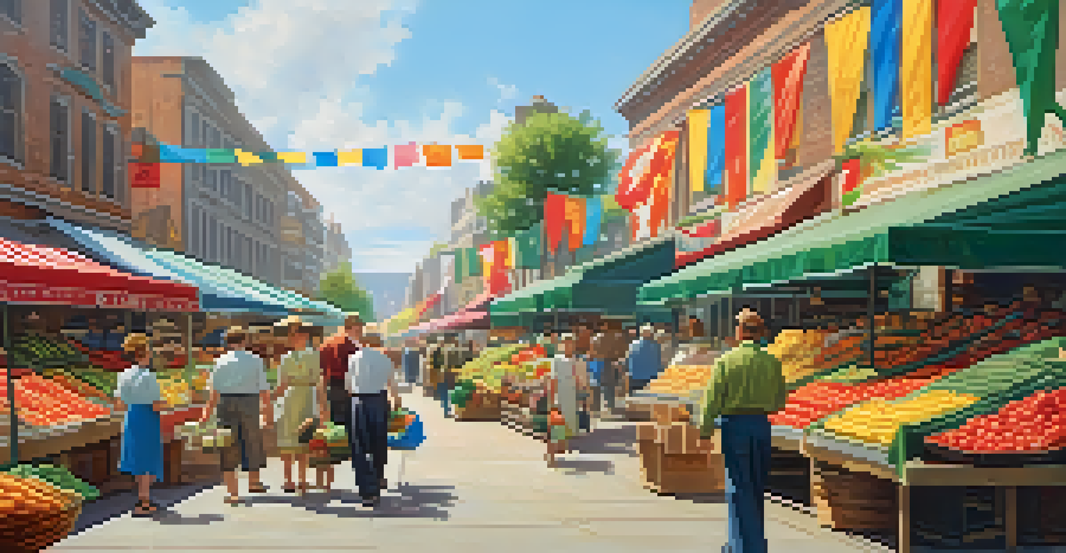 A family shopping in a vibrant market after World War II, surrounded by fresh produce and colorful banners.