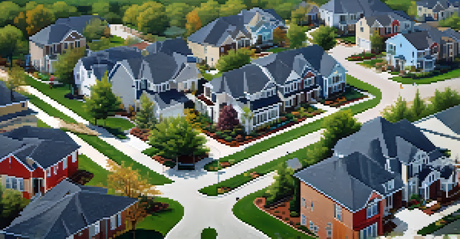 Aerial view of a suburban neighborhood with houses being built and construction workers present.