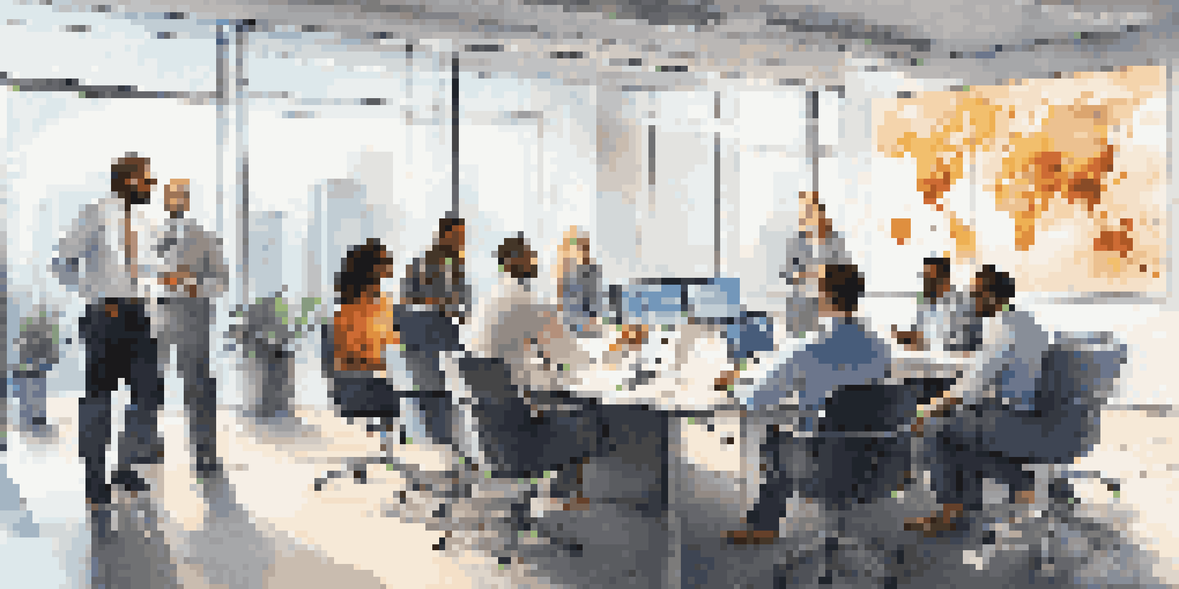 A diverse group of employees discussing stock options in a bright modern office.