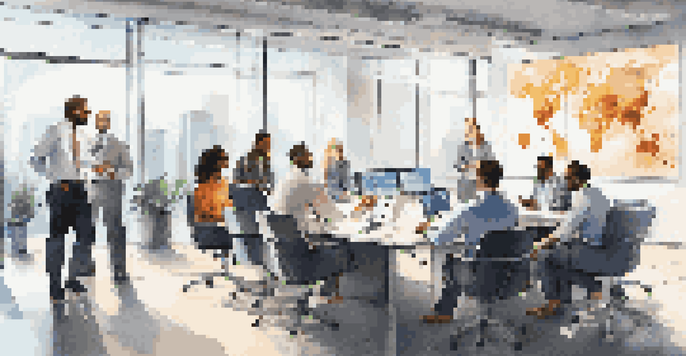 A diverse group of employees discussing stock options in a bright modern office.