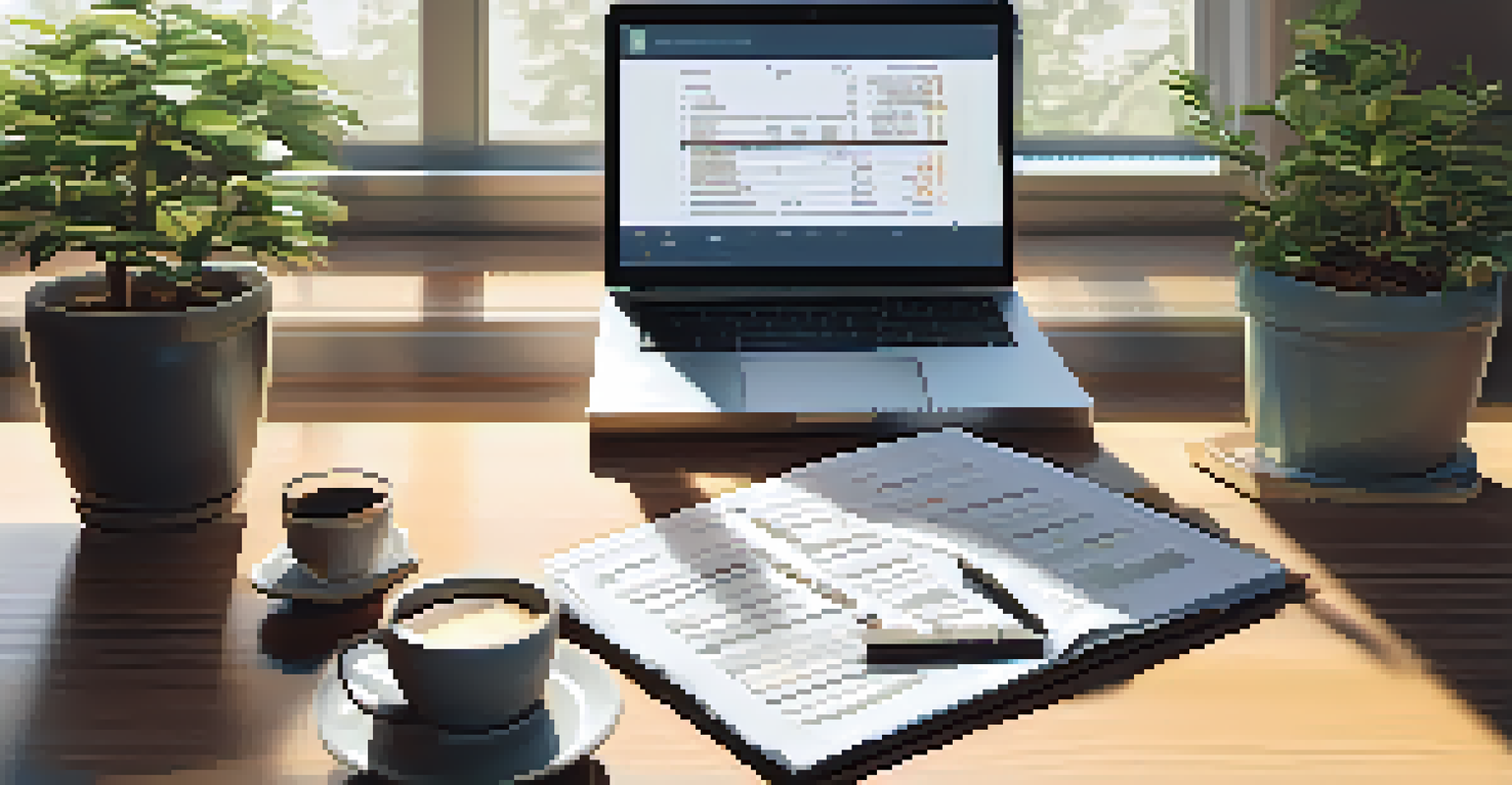 A well-organized desk with financial documents, a laptop, and a calculator, illuminated by natural sunlight.
