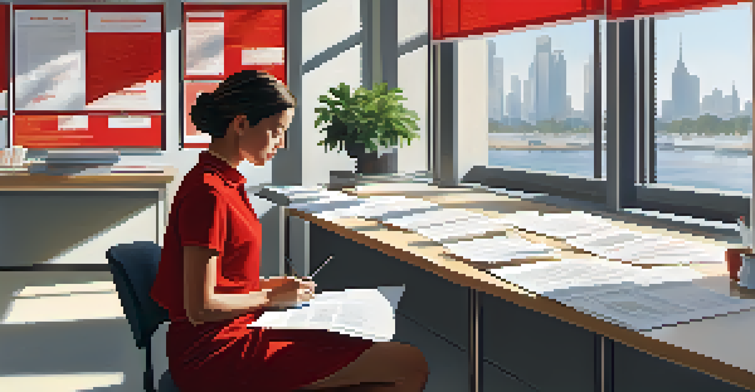 A person reviewing investment documents at a desk, with visible red flags about scams in a serene office setting.
