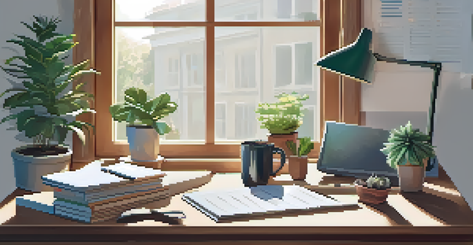 A cozy home office with a wooden desk, laptop, notepad, and coffee cup, illuminated by soft morning light.