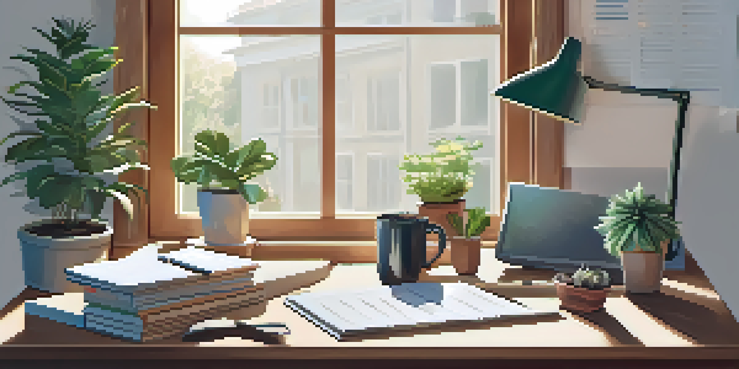 A cozy home office with a wooden desk, laptop, notepad, and coffee cup, illuminated by soft morning light.
