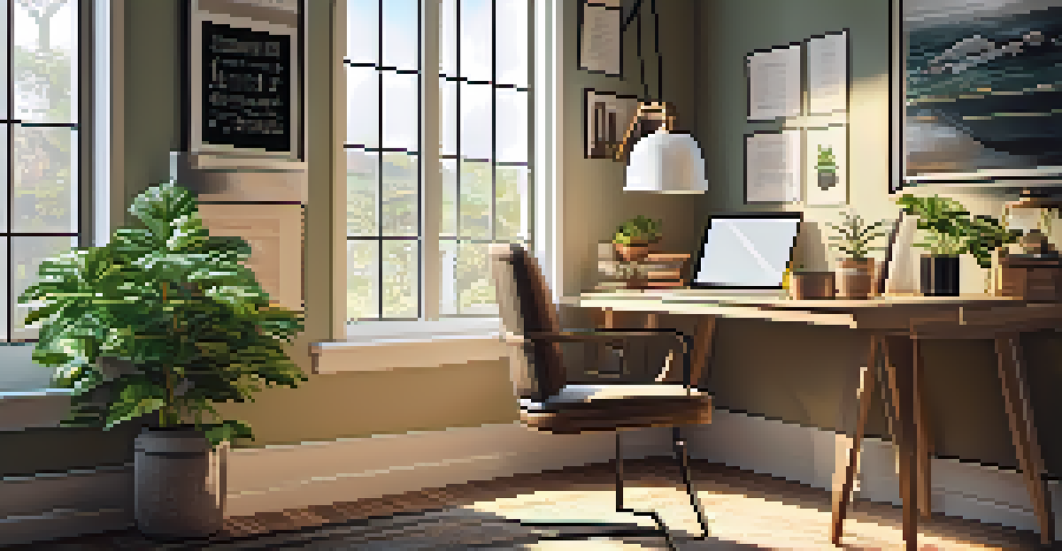A cozy home office with a wooden desk, laptop, coffee cup, and a potted plant, illuminated by sunlight.