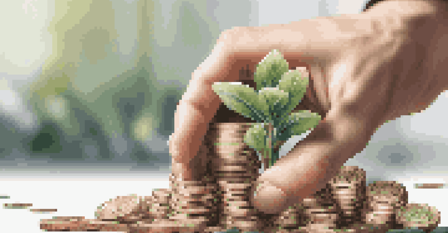 Close-up of hands stacking coins beside a green plant growing from cash, symbolizing financial growth.