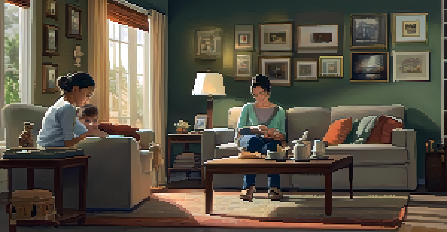 A young child counting coins at a small table in a cozy living room with warm lighting and family photos.