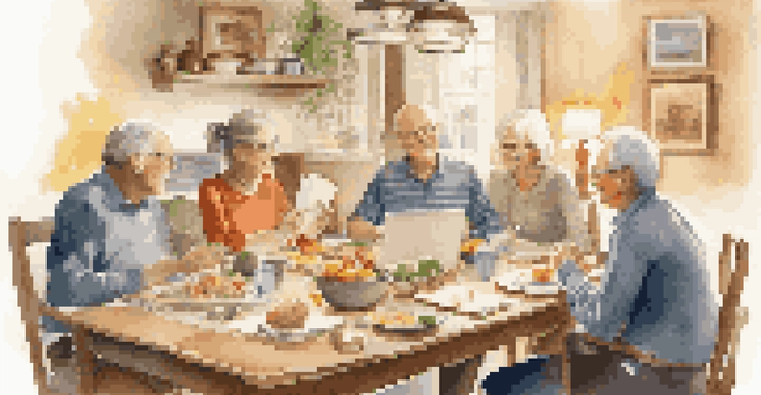 A family gathering around a dining table discussing retirement planning, with papers and a laptop present, in a warm and cozy atmosphere.