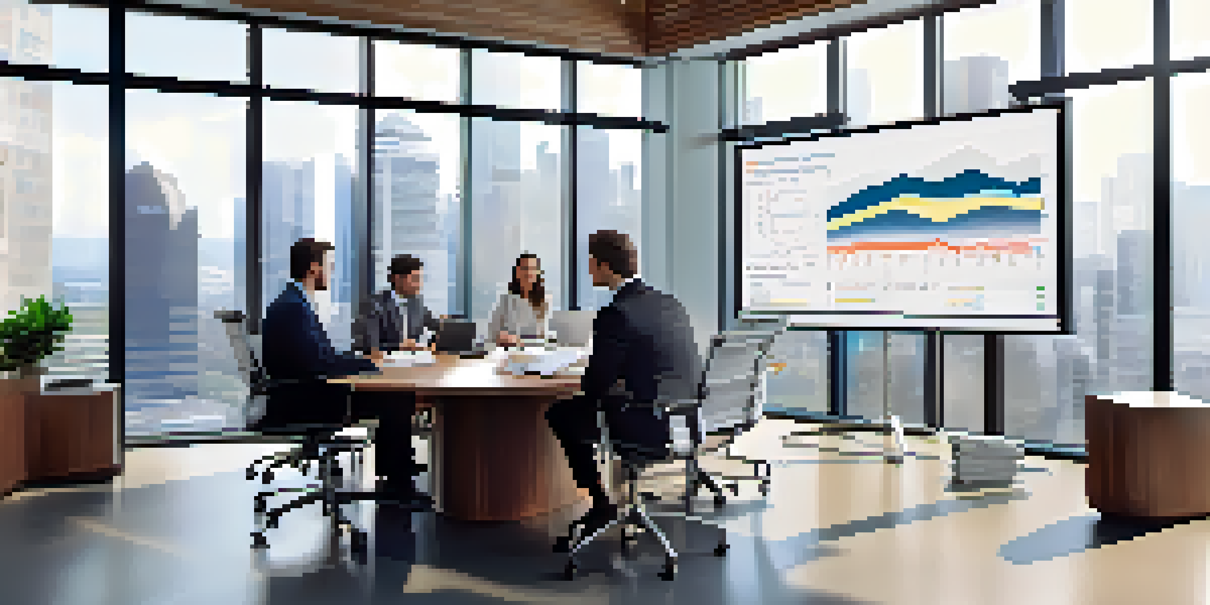 A diverse group of financial professionals in a modern office meeting, discussing investment strategies with digital screens around them.