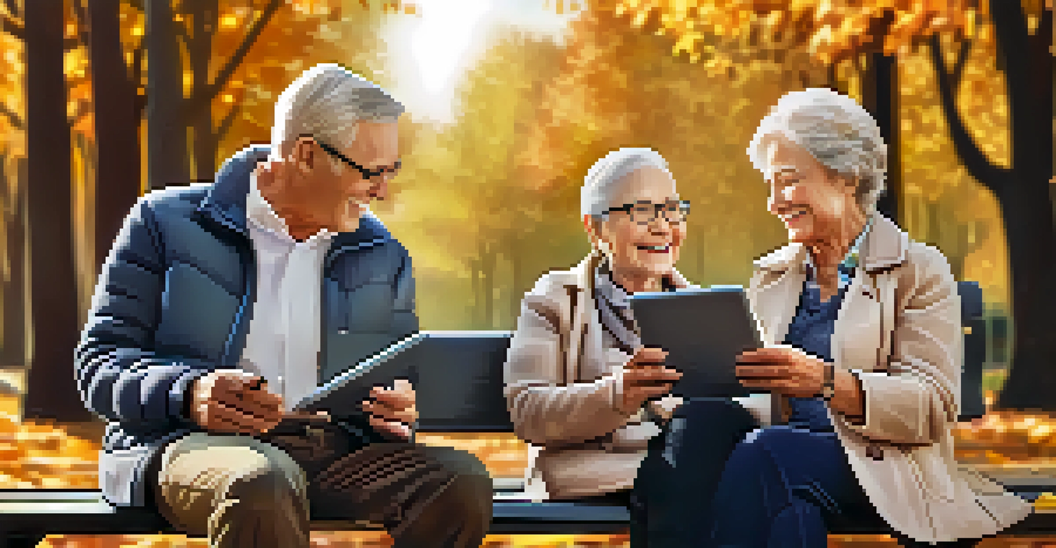 An elderly couple smiling while looking at a tablet on a park bench surrounded by autumn leaves, representing retirement planning.