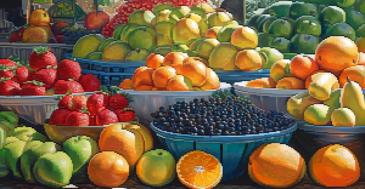 A close-up view of a fruit market stall with a variety of colorful fruits artfully arranged.