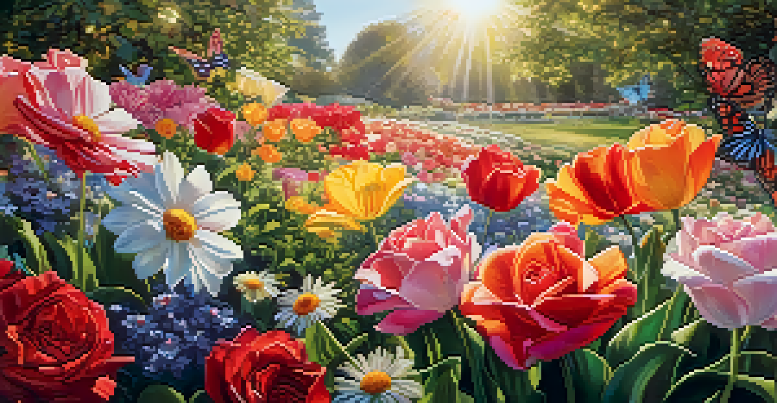 A close-up of a colorful flower garden with blooming flowers and butterflies.