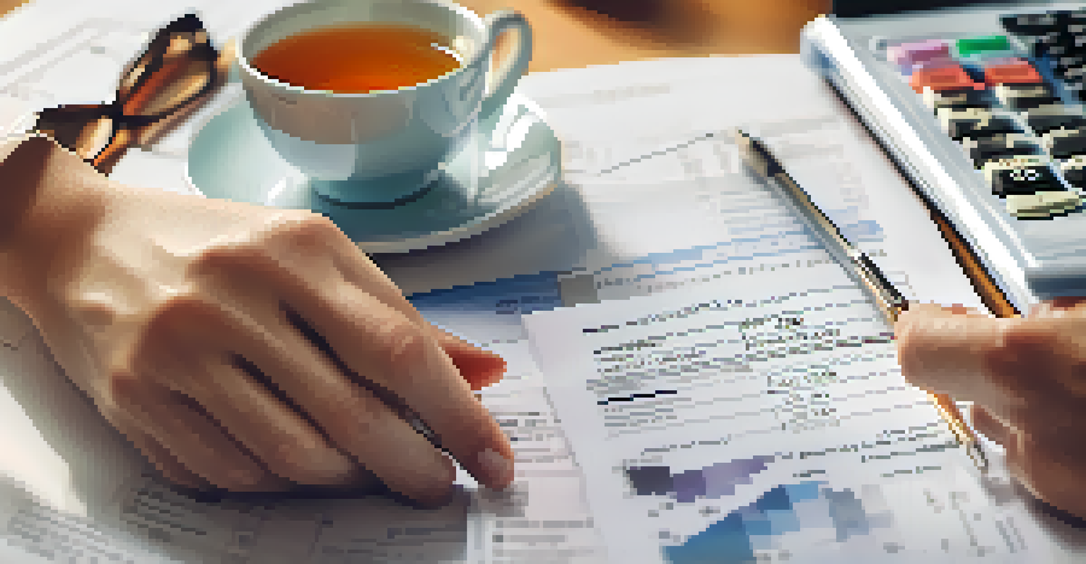 A close-up of a couple's hands intertwined on financial documents, with a calculator and cup of tea.