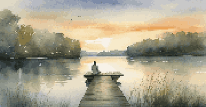 A peaceful lake at sunset with a wooden dock and a person sitting at the edge, surrounded by greenery.