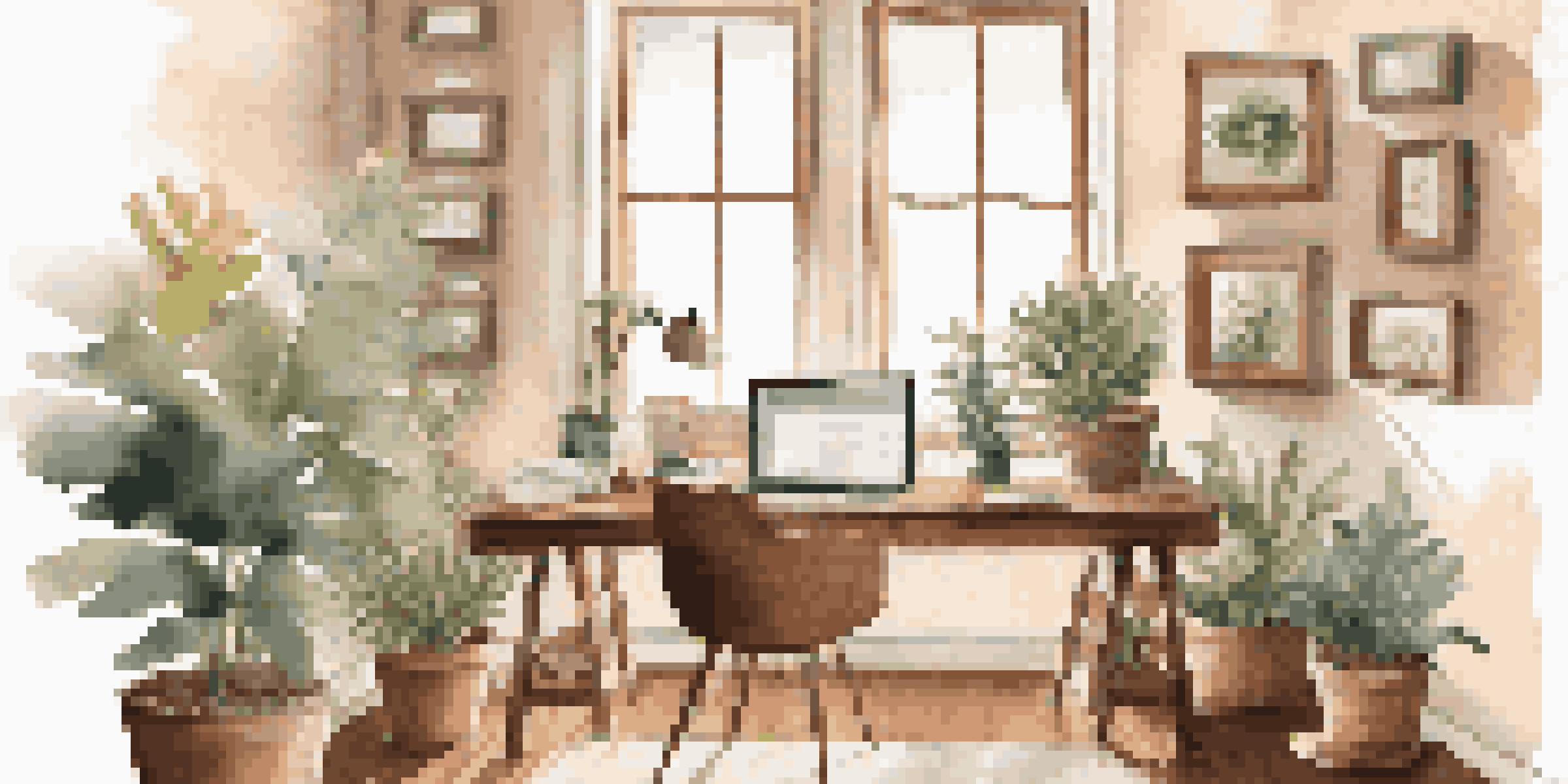 A person working at a bright home office with a laptop, coffee mug, and potted plant.