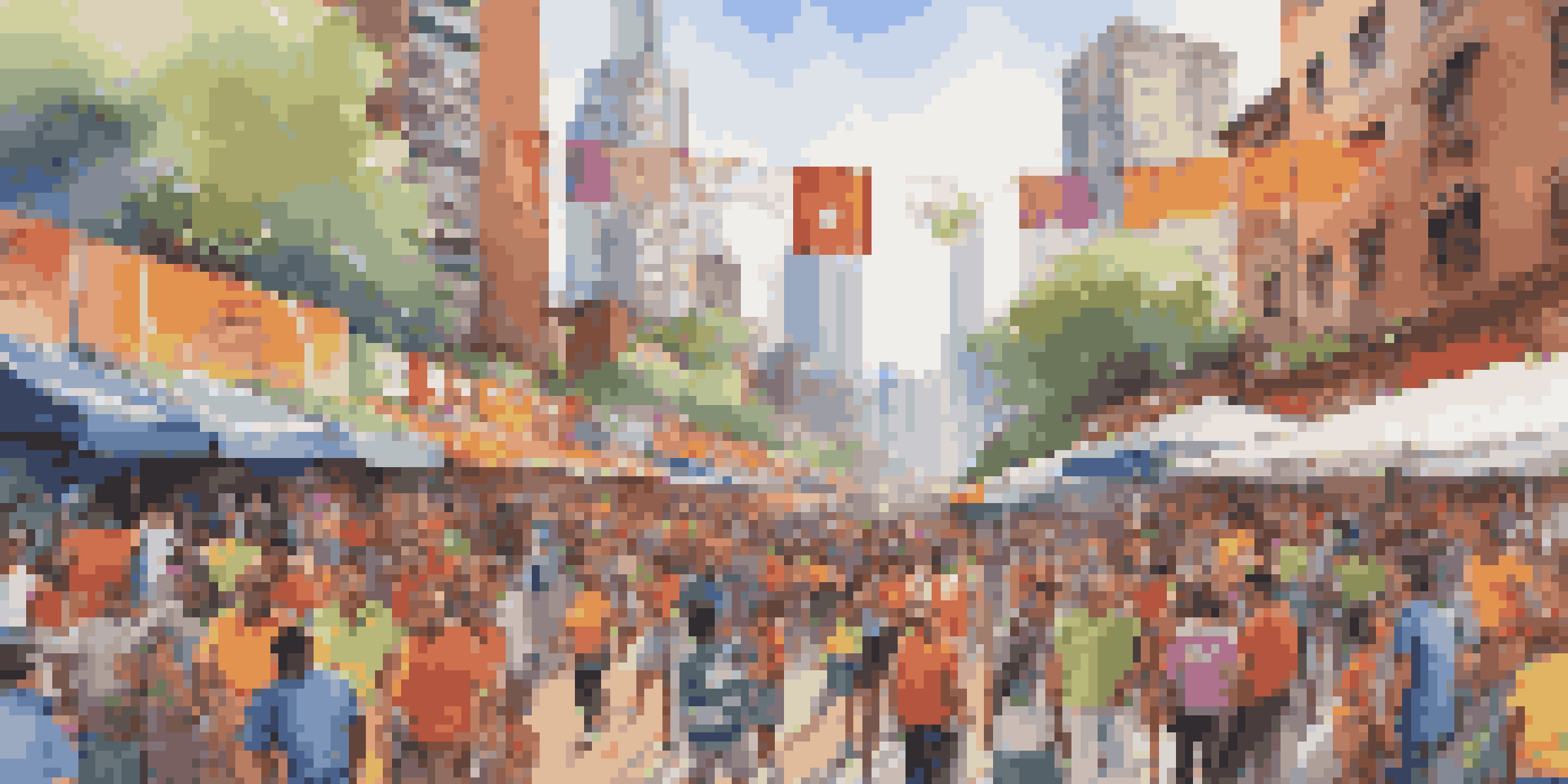 A lively urban scene with fans in team jerseys, surrounded by merchandise stalls and a city skyline.