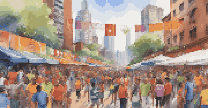 A lively urban scene with fans in team jerseys, surrounded by merchandise stalls and a city skyline.