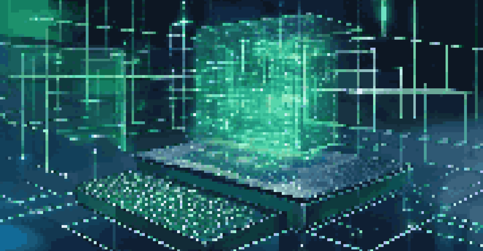A digital representation of blockchain technology with interconnected blocks and binary code.