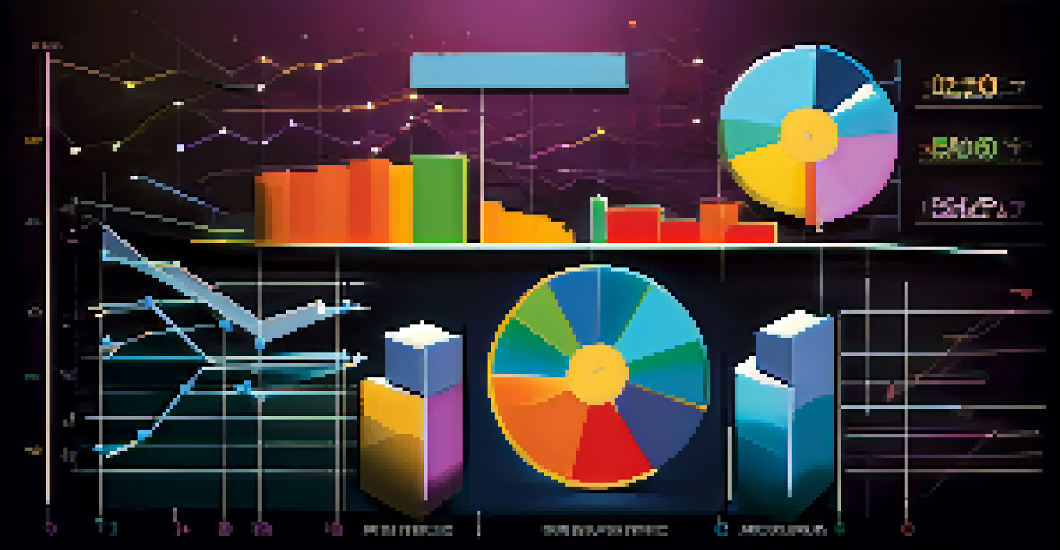 An abstract view of colorful financial metrics with bar graphs and pie charts on a dark background.