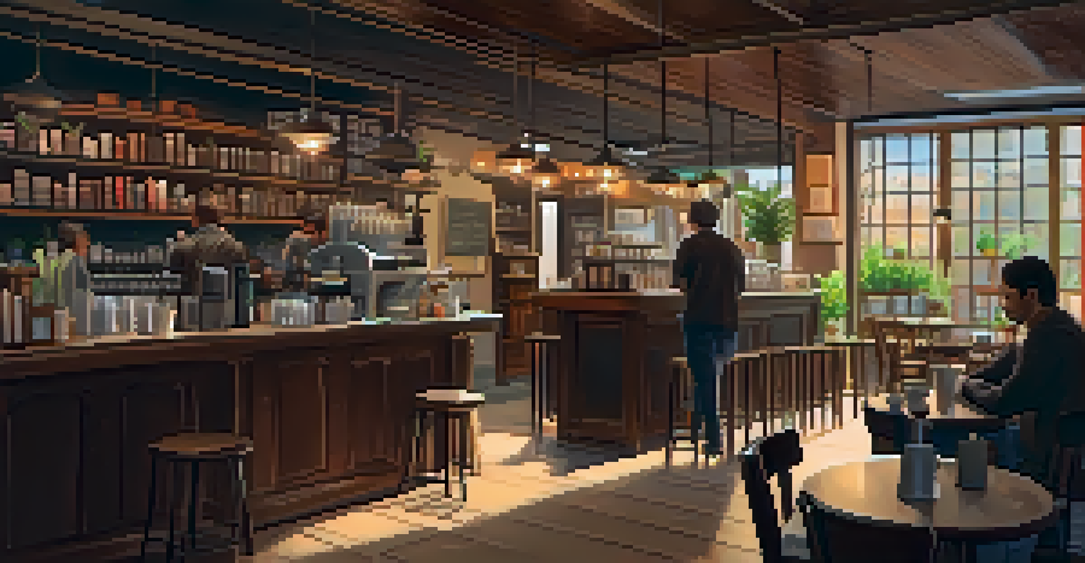 The interior of a cozy coffee shop with rustic furniture, warm lighting, and people enjoying coffee.