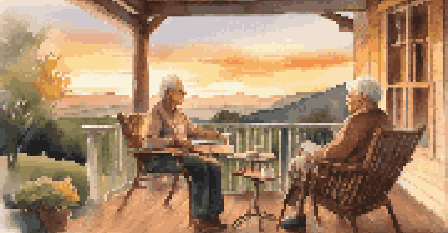 An elderly couple discussing retirement plans on a porch at sunset, with rolling hills in the background.