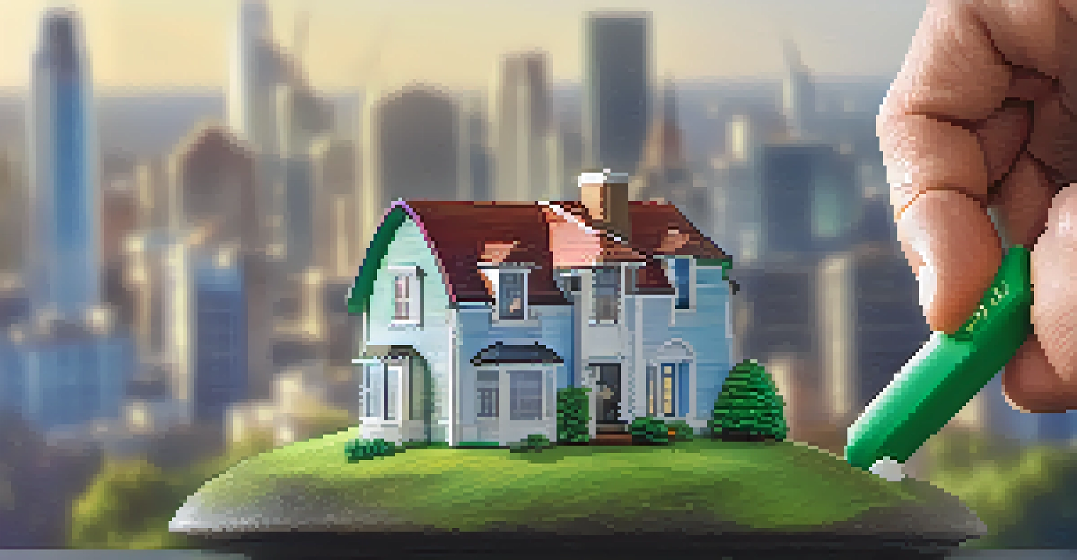 A hand holding a small house model with a tag labeled 'Capital Gains Tax', against a blurred city skyline, symbolizing real estate investment.