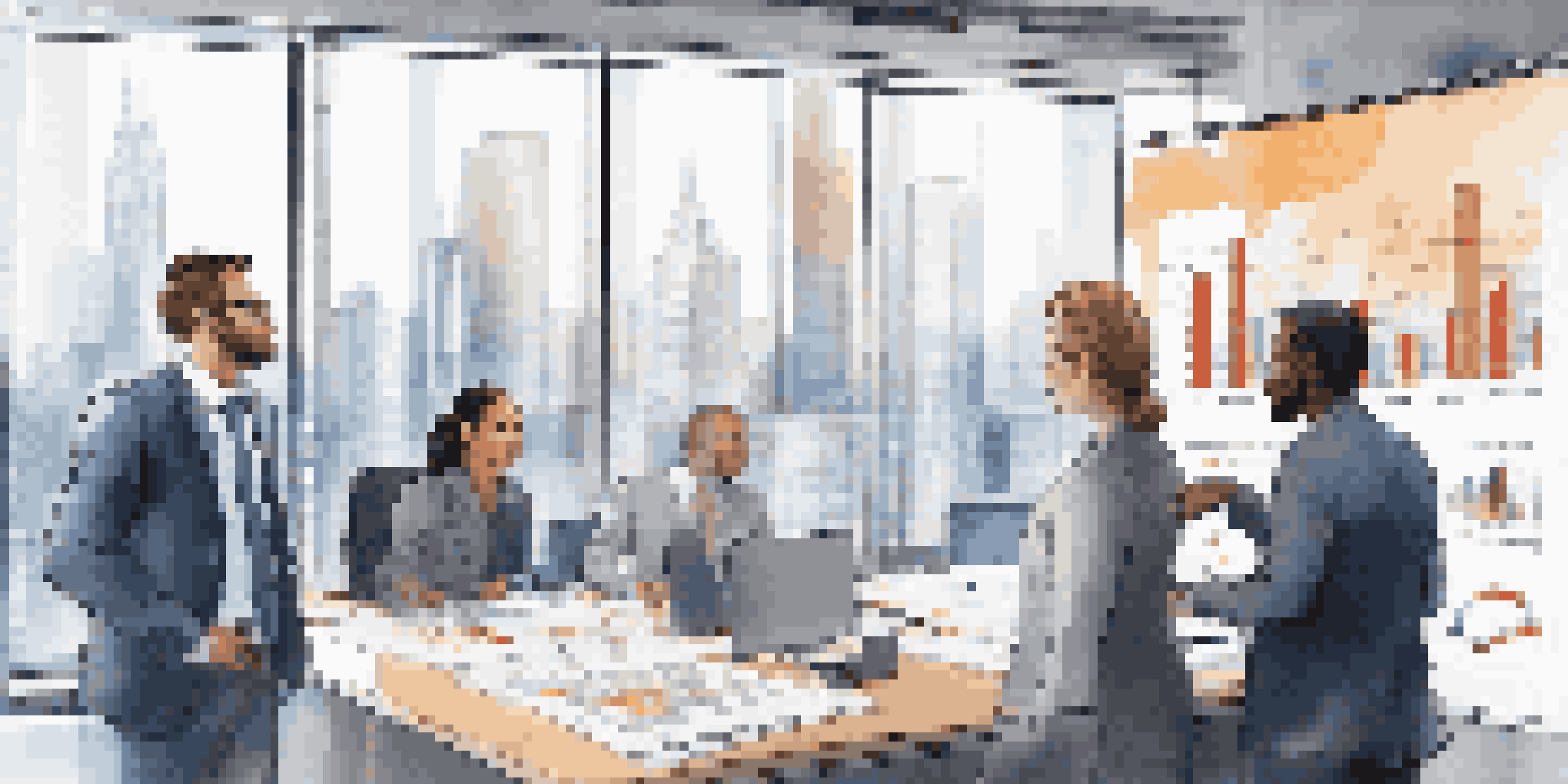 A modern office setting with diverse professionals discussing compliance documents and performance metrics, bright lighting, and a city skyline view.