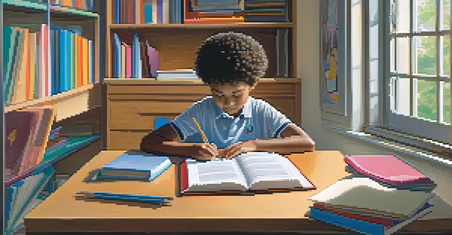 A young student studying at a desk with textbooks and a laptop, looking focused with a sunny window in the background.