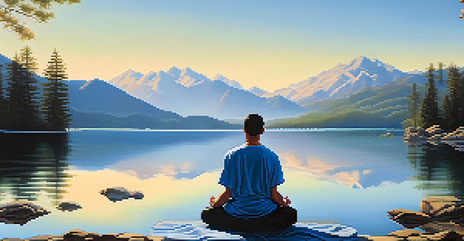 A person meditating by a tranquil lake, reflecting the serene beauty of nature and the importance of calmness during market fluctuations.