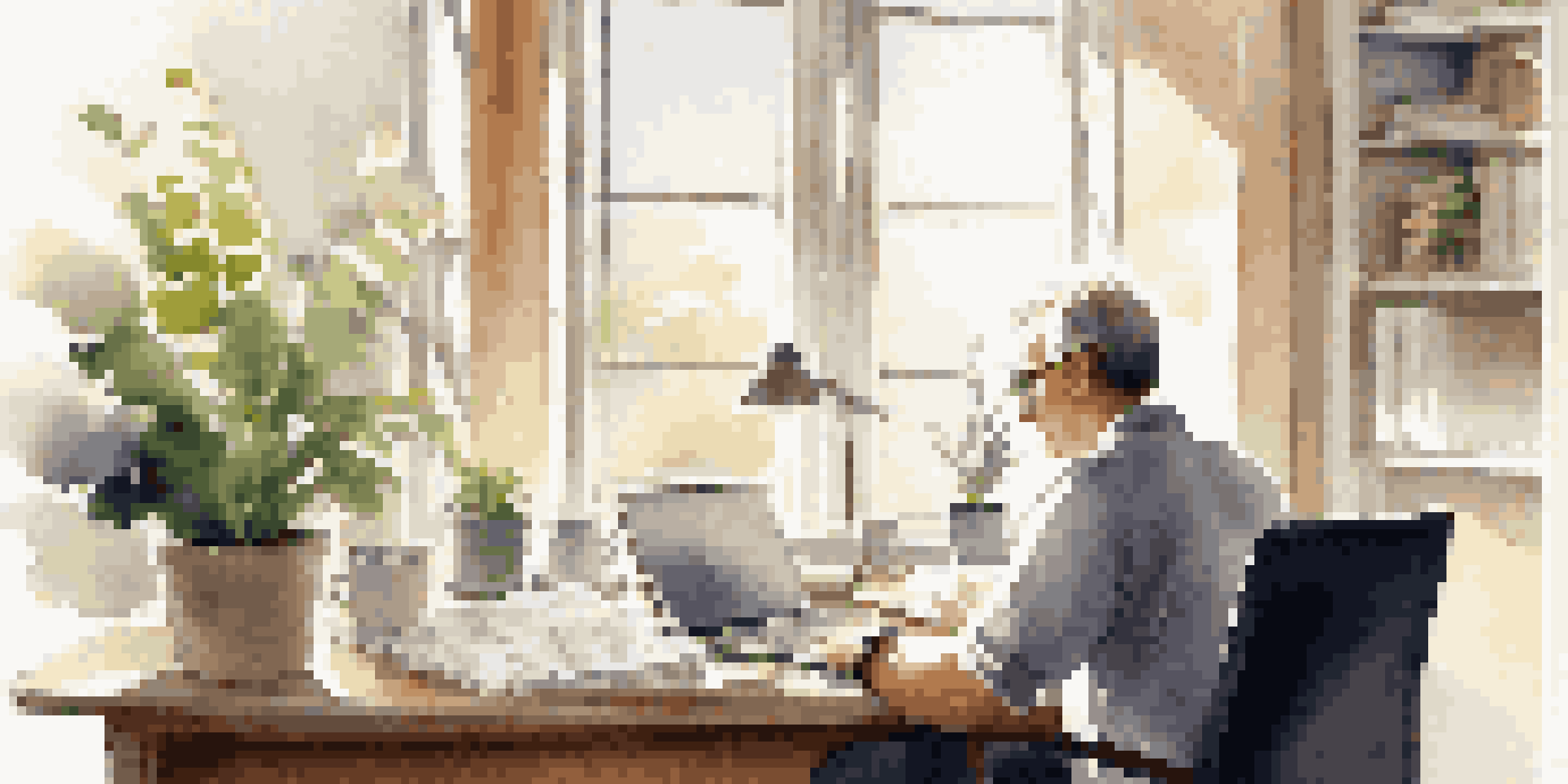 A middle-aged person reviewing financial documents at a desk in a serene office with natural light and plants.