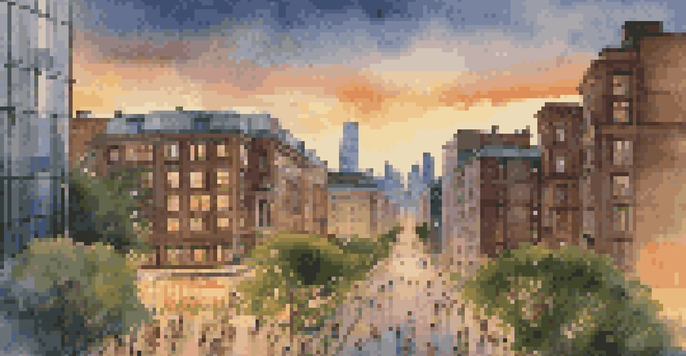 A city skyline at dusk with modern buildings and historic architecture, illuminated streets, and people walking.