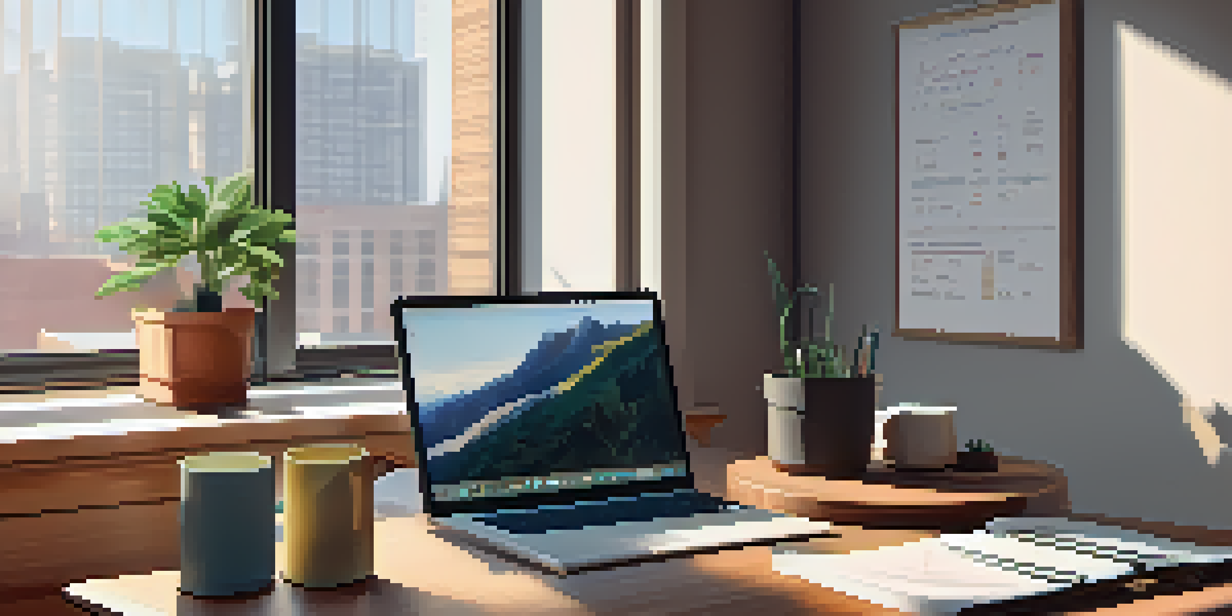 An office workspace featuring a wooden desk with a laptop, financial graphs on the screen, and a potted plant under sunlight.