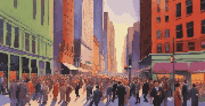 A vibrant Wall Street scene during sunset, showcasing high-rise buildings, stock market tickers, and busy pedestrians.