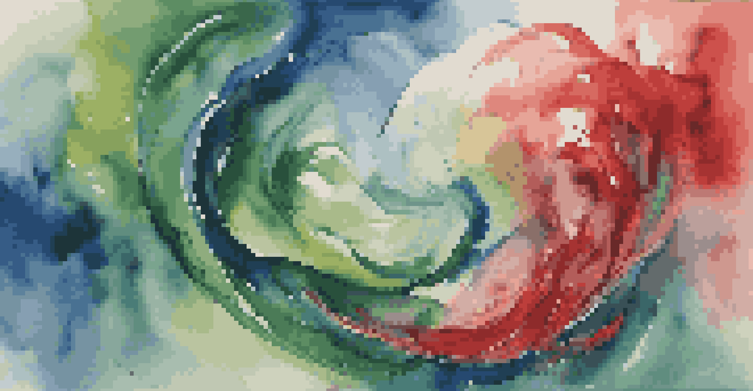An abstract image depicting swirling colors of blue, green, and red to symbolize emotions in investing, with soft light enhancing the fluidity of the colors.