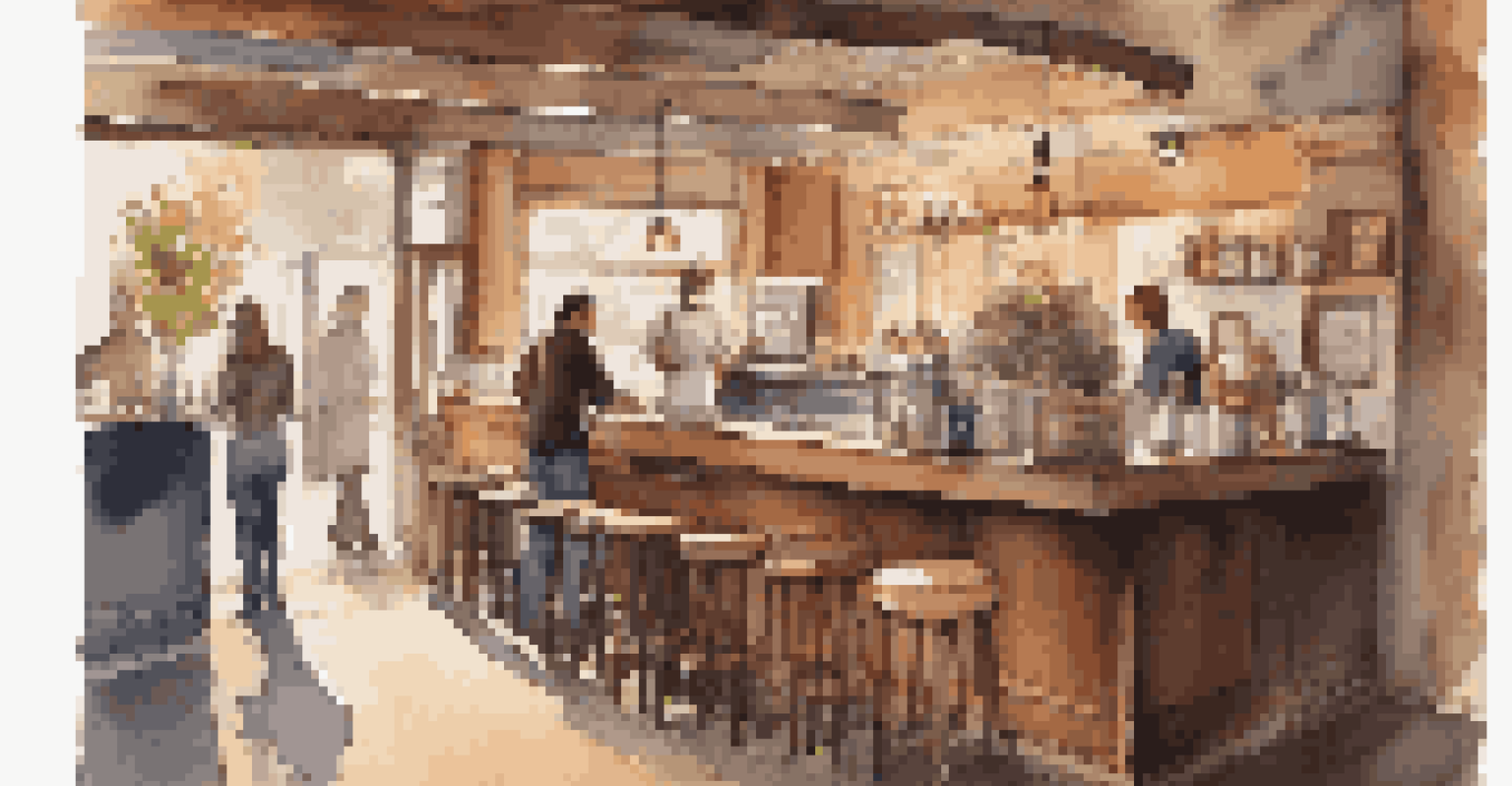 A cozy cafe with warm lighting and a barista serving coffee.