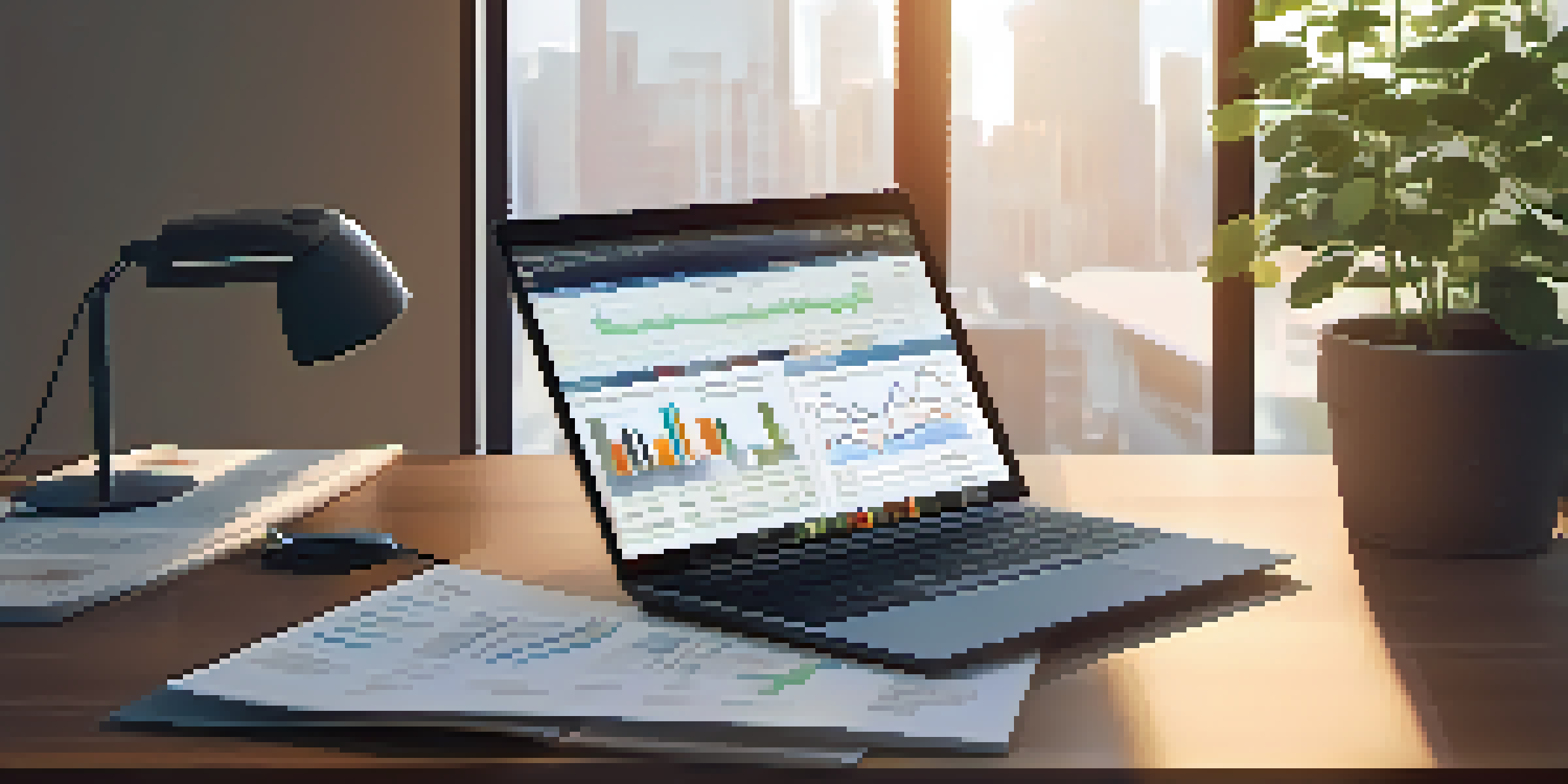 A well-lit office space featuring a wooden desk with a laptop showing stock market graphs, a potted plant, and a financial magazine, all illuminated by soft morning light.