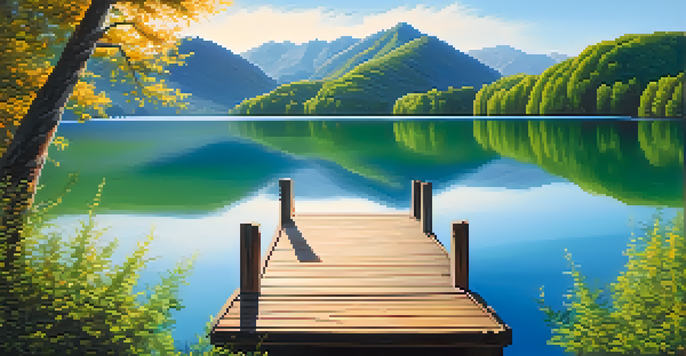 A peaceful lakeside scene with mountains, blue sky, and sunlight reflecting on the water.
