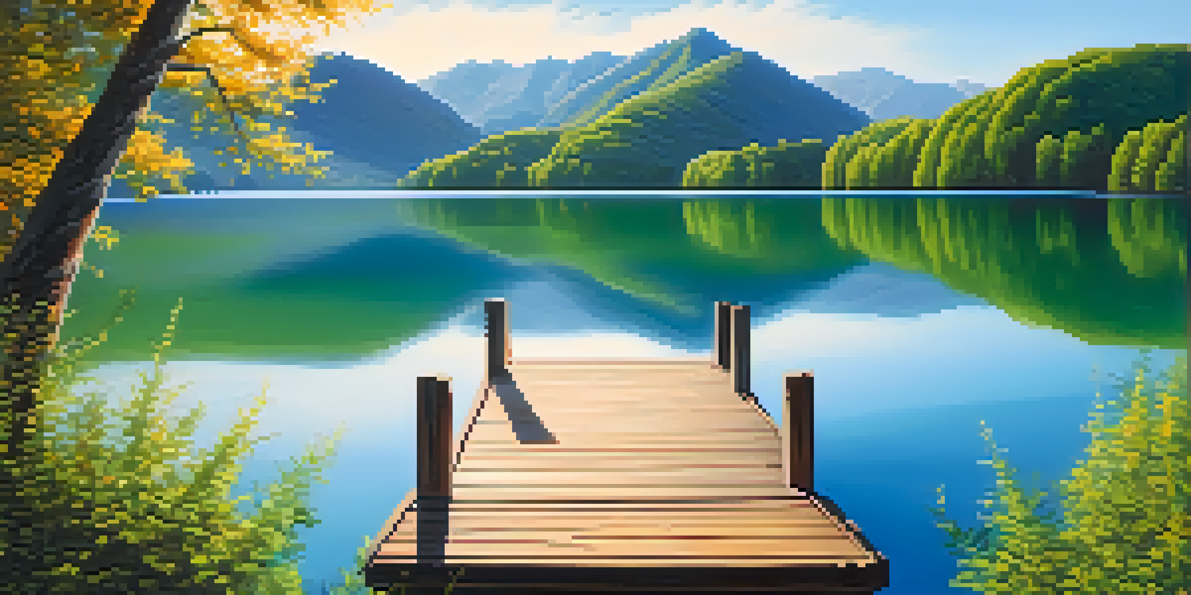 A peaceful lakeside scene with mountains, blue sky, and sunlight reflecting on the water.