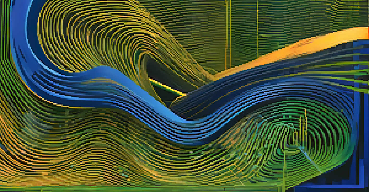 An abstract image depicting colorful lines and shapes representing algorithms and data analysis against a blue background.